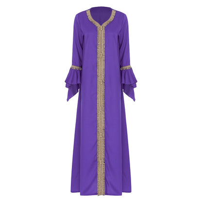 Elegant Womens Muslim Abaya Floor Length Robe V Neck Flared Sleeve Dress Halloween Witch Masquerade Gown Role Play Theme Party