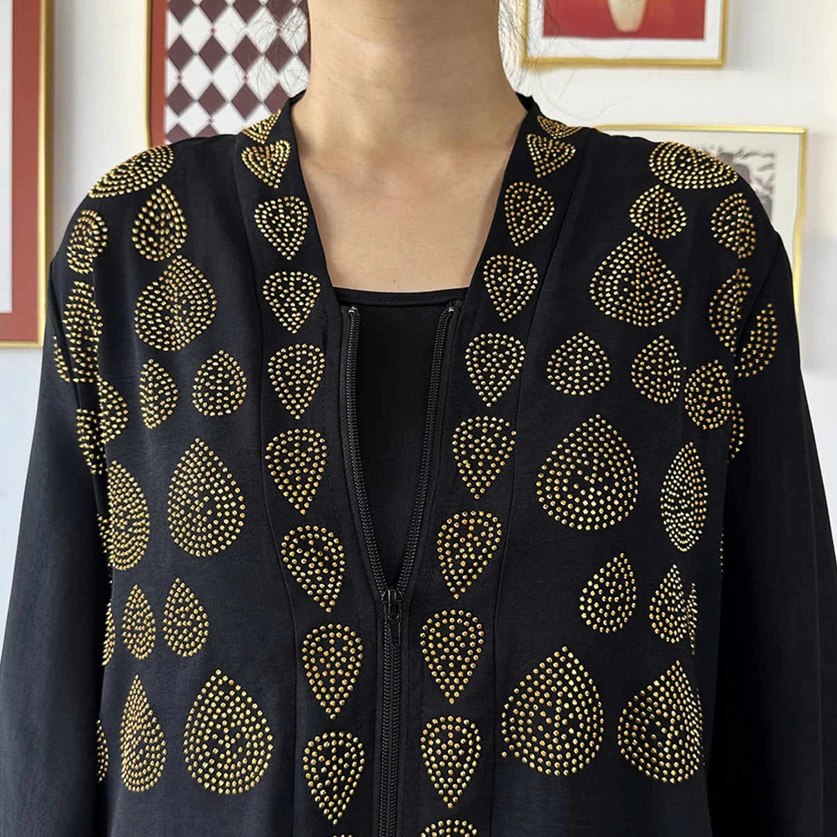 2024 Women Party Dress Chiffon Open Abaya Golden Stones Muslim Women Dress Islamic Clothing Cardigan Abaya Women Muslim Dress