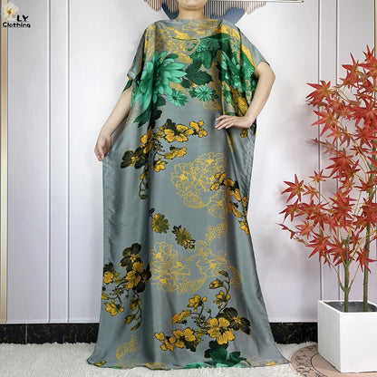 Muslim Abayas For Women 2023 New Fashion Printed Silk Soft Loose Femme Elegant Robe African Maxi Party Dresses With Belt Turban
