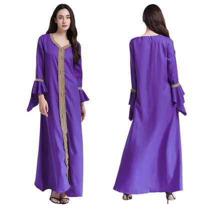 Elegant Womens Muslim Abaya Floor Length Robe V Neck Flared Sleeve Dress Halloween Witch Masquerade Gown Role Play Theme Party
