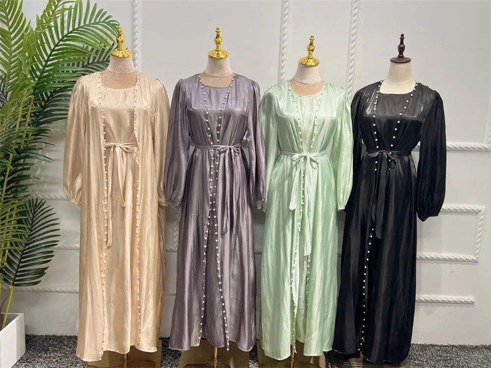 2 Piece Silk Satin Kimono Abaya Under Dress Morocco Muslim Sets Abayas for Women Dubai Arabic Cardigan Kaftan Robe Islam outfits