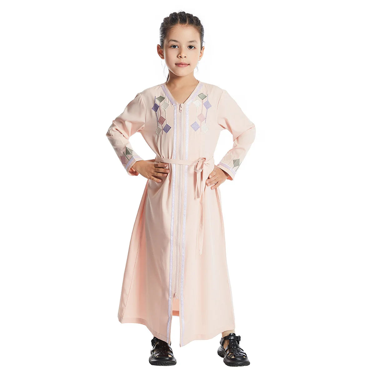 New Muslim Kids Girls Zipper Front Open Abaya Morocco Kaftan Islamic Child Clothes Eid Ramadan Jalabiya Arabic Robe Caftan Dress