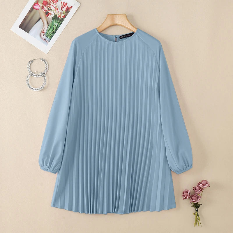 Fashion Women Long Sleeve Pleated Tops ZANZEA Autumn Muslim Blouse Long Shirt Ramadan Abaya Turkey Kaftan Solid IsIamic Clothing