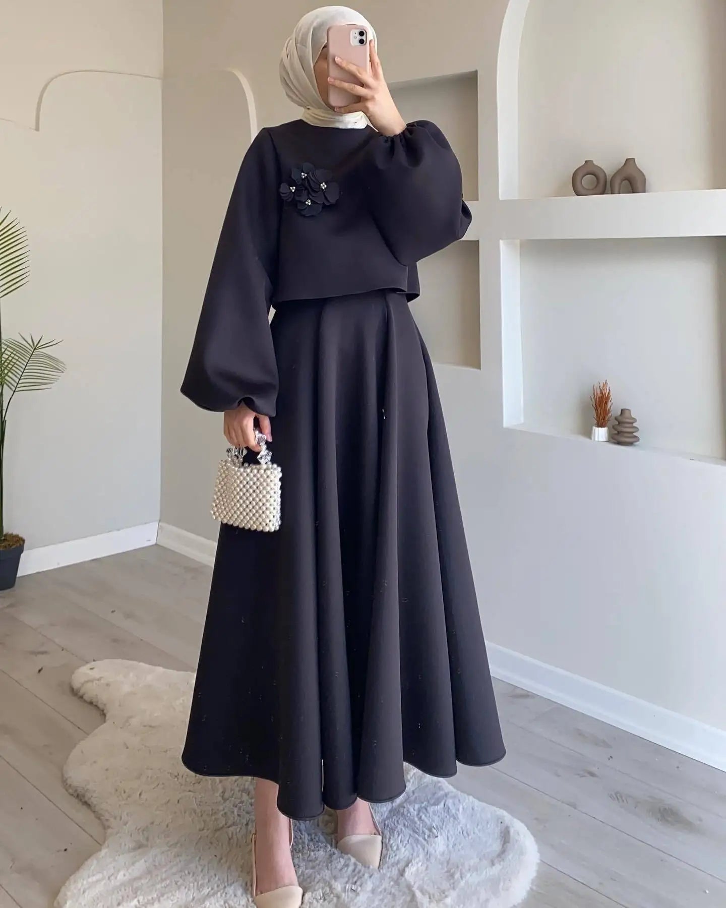 2  Piece Muslim Sets Women Middle East Dubai Flower Lantern Sleeve Tops Skirts Set Dress Kimono Kaftan 2pc Ramadan Islam Clothes