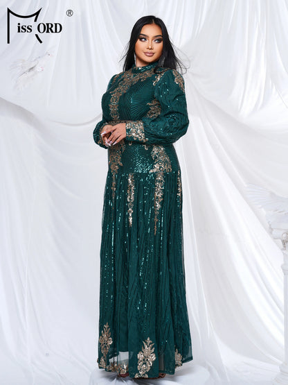 Missord New Blue Plus Size Muslim Round Neck Long Sleeved A Line Gown Evening Women Wedding Birthday Party Large Maxi Dress