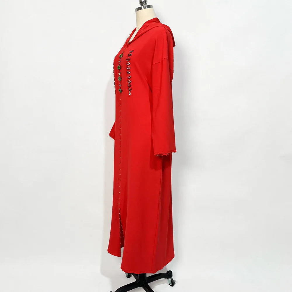 Abaya Muslim Maxi Long Sleeve Dress With Cap Women Diamond Arab Dubai Islamic Clothing Autumn New Loose Casual Turkey Robe
