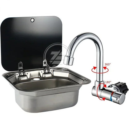 Caravan Camping Stainless Steel Hand Wash Basin with Tempered Glass Lid Camping Accessories Caravan Stainless Steel Lidded Sinks