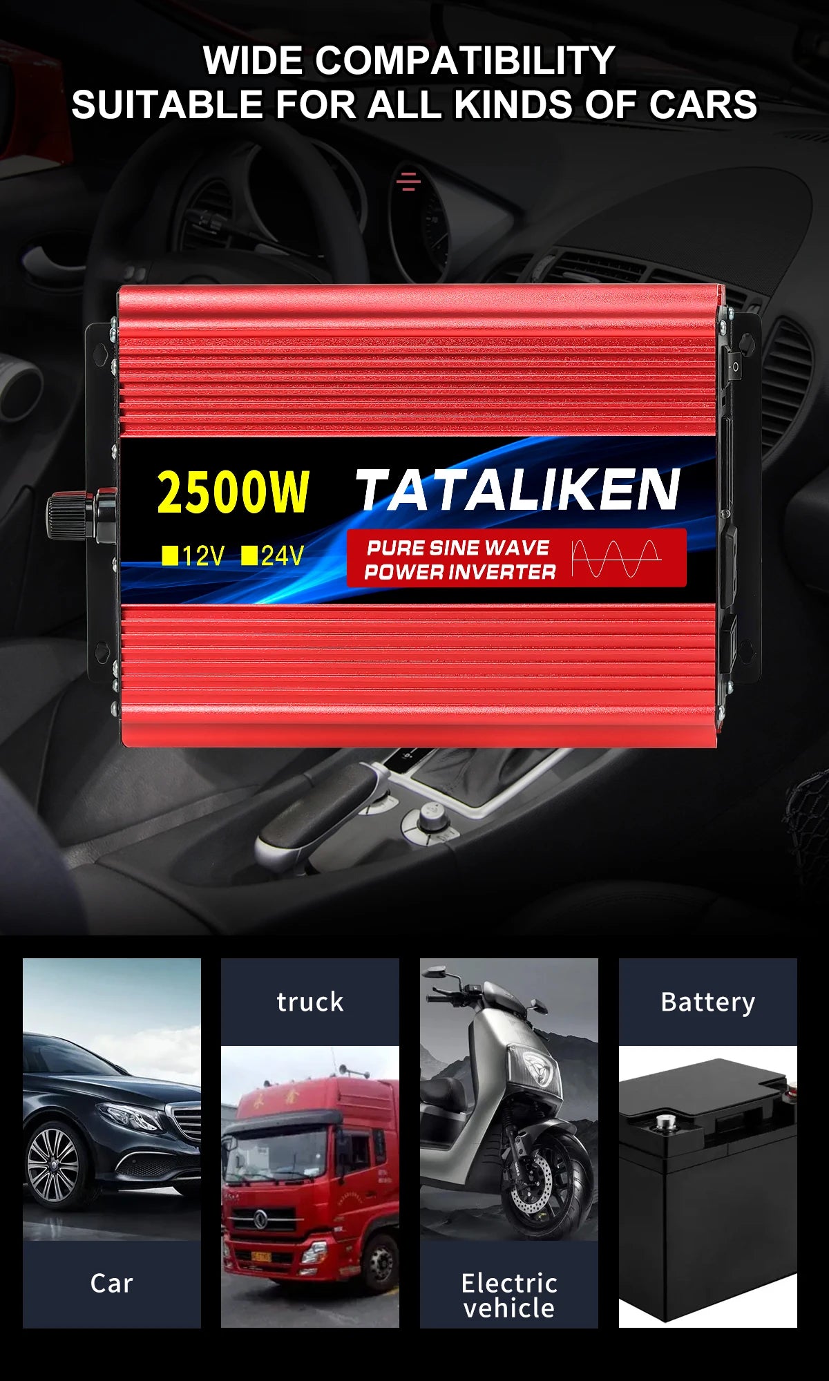 1600w-4500W 12V/24V to AC 110V 60Hz Pure Sine Wave Inverter Car Power Tranfermer  Voltage Portable  Converter with LED Display