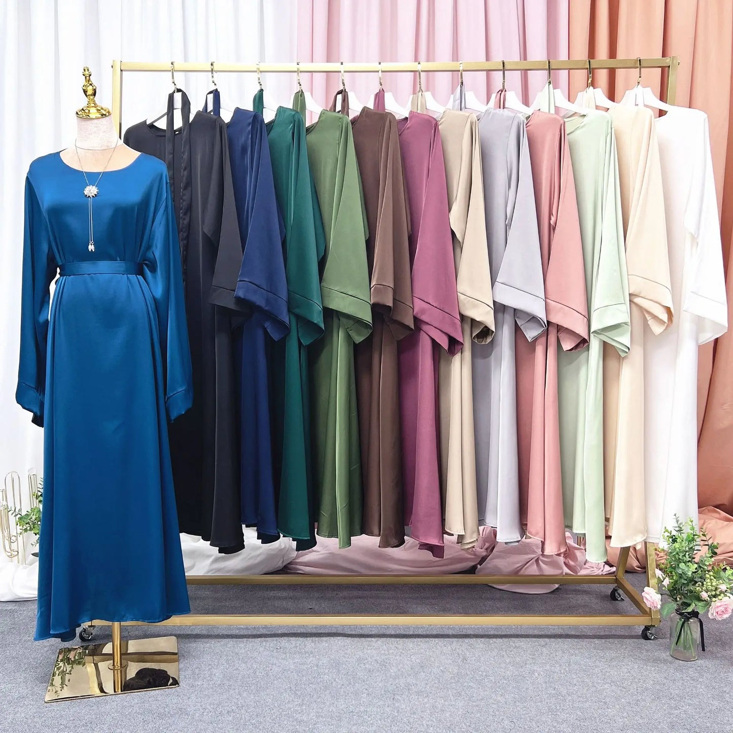 Plain Satin Abaya Dress for Muslim Women, Side Pockets Wide Sleeves, Dubai Turkish Hijabi Islamic Clothing, Modest Robe, Ramadan