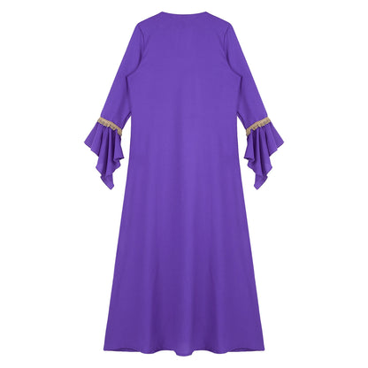 Elegant Womens Muslim Abaya Floor Length Robe V Neck Flared Sleeve Dress Halloween Witch Masquerade Gown Role Play Theme Party