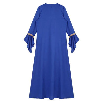 Elegant Womens Muslim Abaya Floor Length Robe V Neck Flared Sleeve Dress Halloween Witch Masquerade Gown Role Play Theme Party