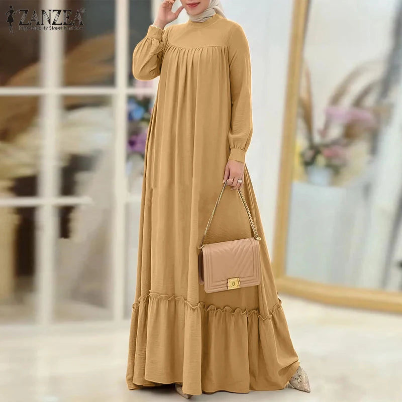 ZANZEA Women Muslim Dress Abaya Autumn Maxi Long Dress Kaftan Dubai Long Vestidos Robe Long Sleeve Solid Ruffles Hem Sundress