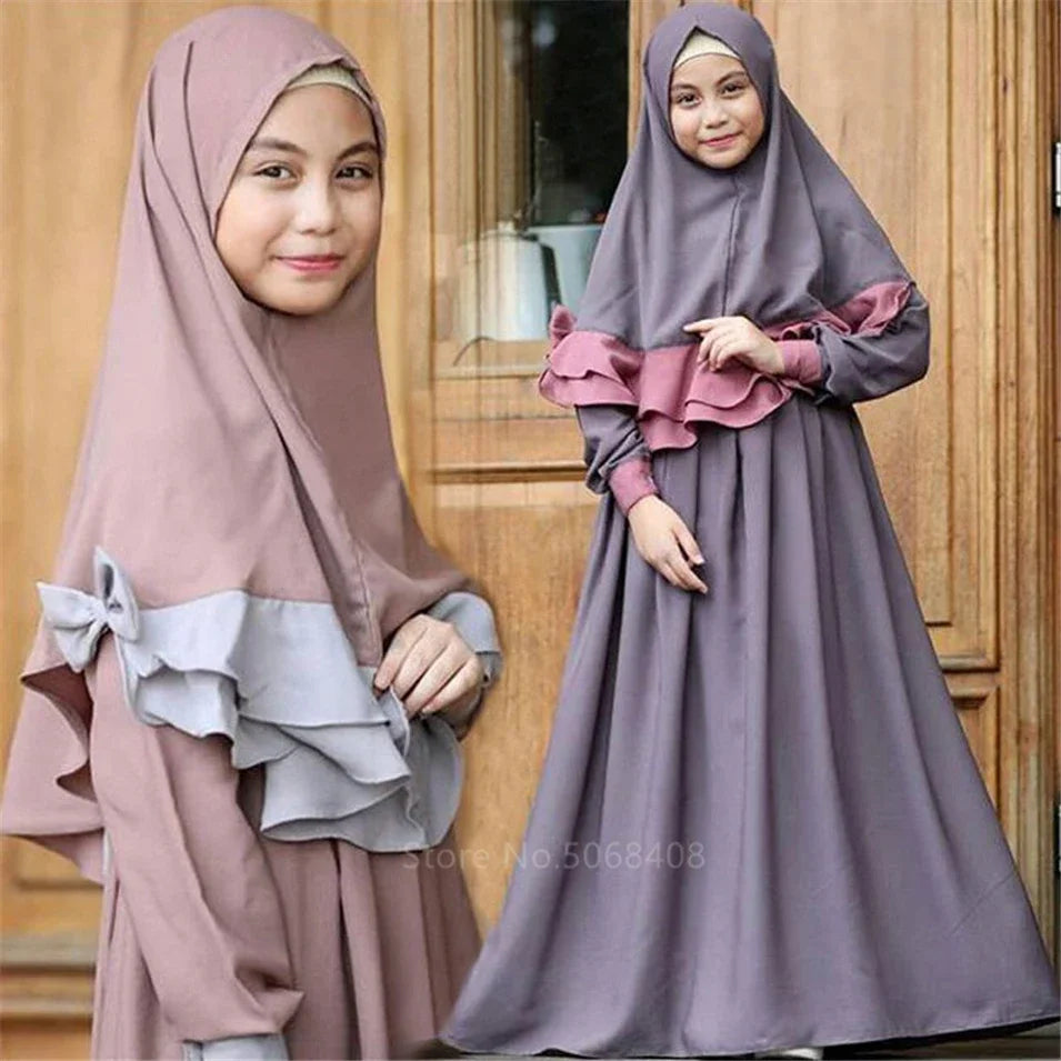 Muslim traditional clothing Islamic robe kids baby girls richer Saudi Arab Dubai solid abaya kaftan with ruffle bow hijab dress