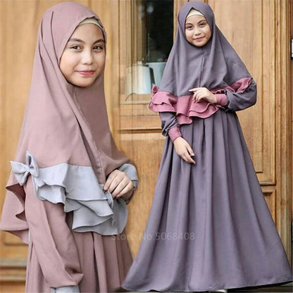 Muslim traditional clothing Islamic robe kids baby girls richer Saudi Arab Dubai solid abaya kaftan with ruffle bow hijab dress