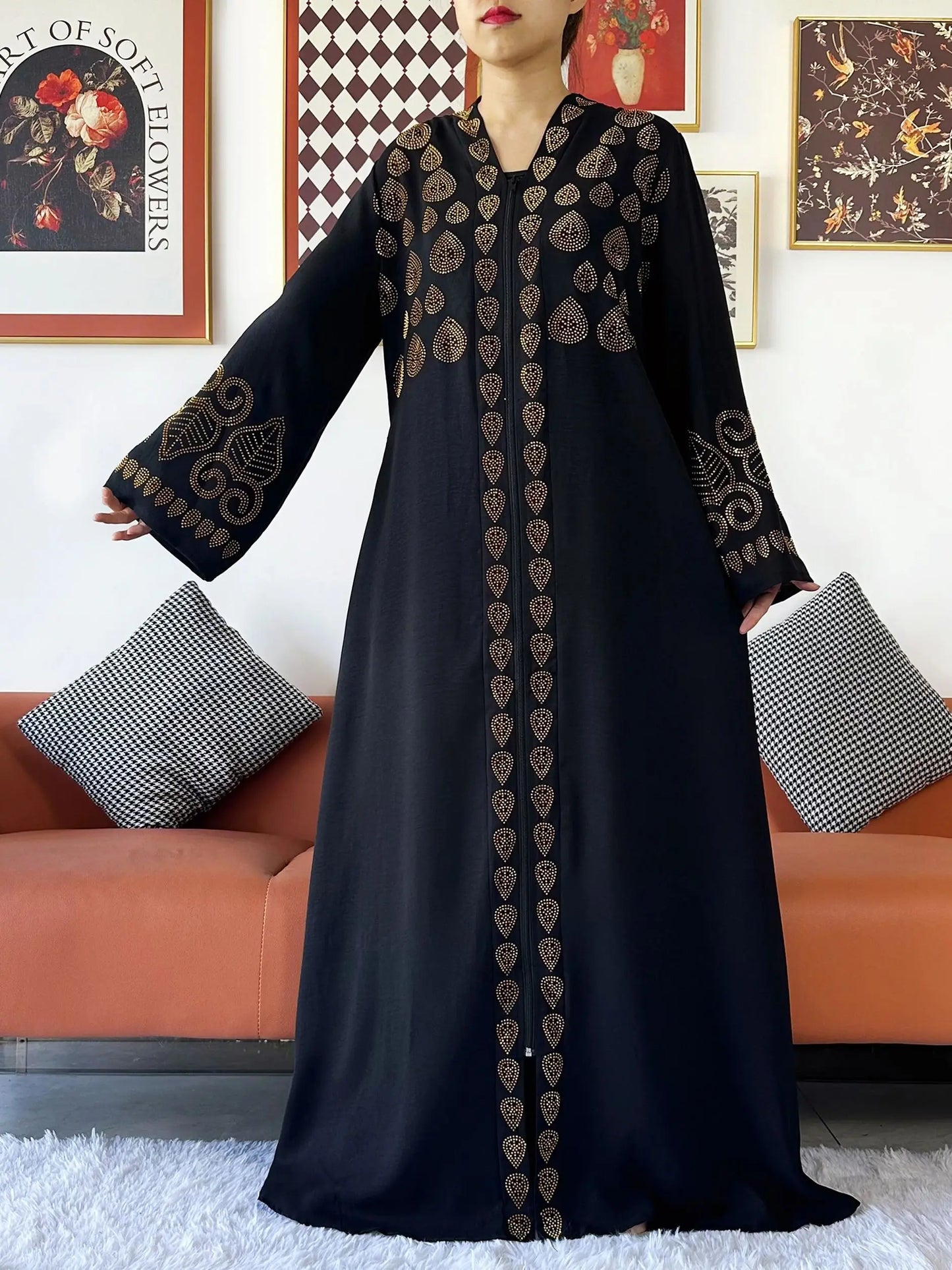 2024 Women Party Dress Chiffon Open Abaya Golden Stones Muslim Women Dress Islamic Clothing Cardigan Abaya Women Muslim Dress