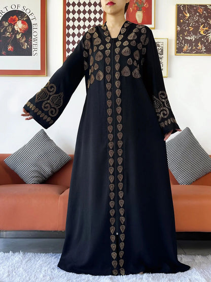 2024 Women Party Dress Chiffon Open Abaya Golden Stones Muslim Women Dress Islamic Clothing Cardigan Abaya Women Muslim Dress