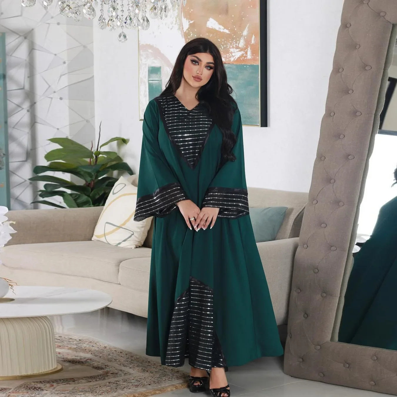 Sequins Abaya Dubai Luxury High Class Dark Green Chiffon Kaftan Party Ladies Long Sleeves Muslim Girl Dress