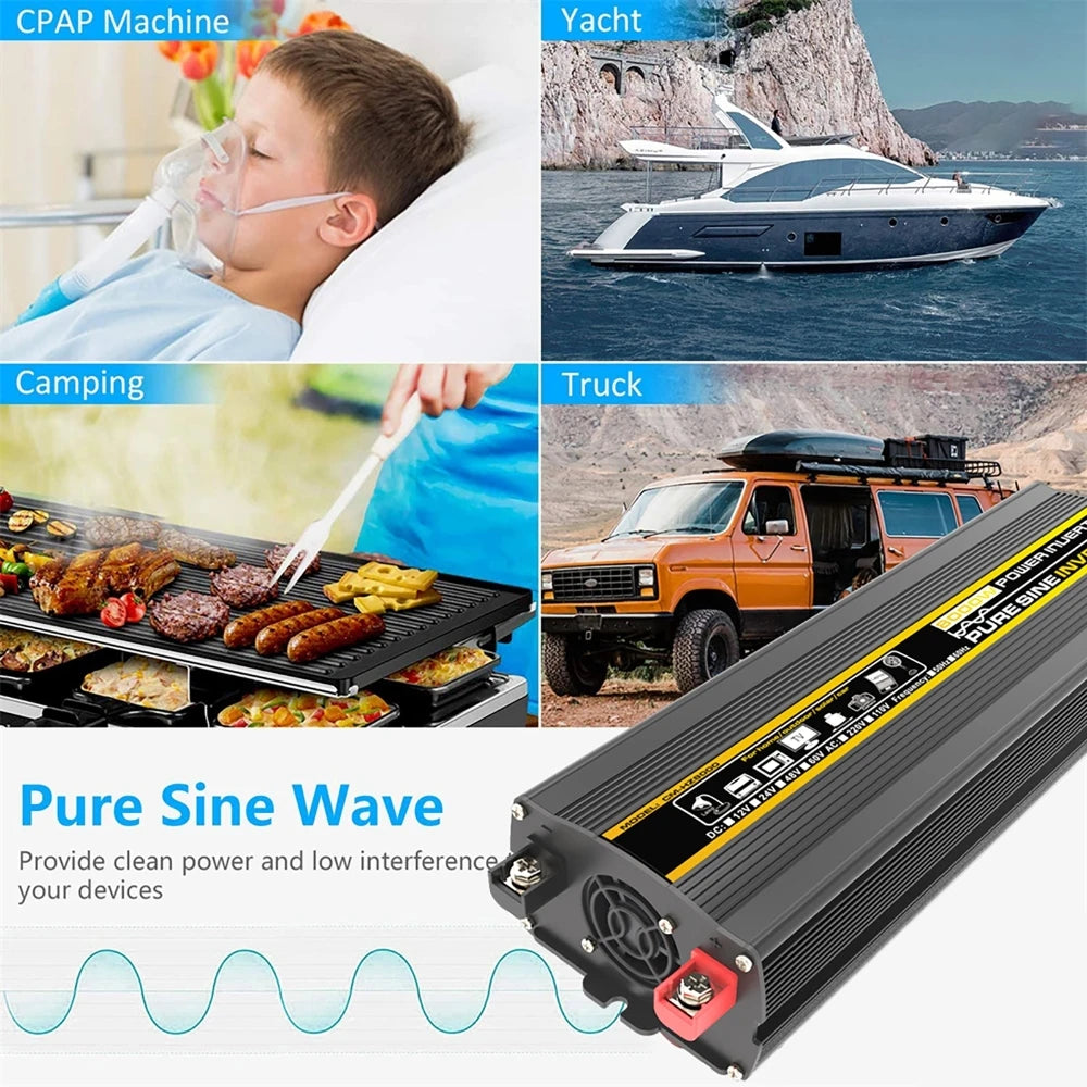 3000W-8000W Pure Sine Wave Power Inverter Voltage Transformer Intelligent Digital Display Car Home DC12V to AC 220V Converter