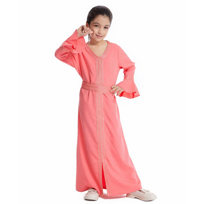 Kids Muslim Girls Abaya Prayer Long Maxi Dress Turkey Kaftan Arab Robe Dubai Islam Morocco Eid Party Ramadan Holiday Gown Caftan
