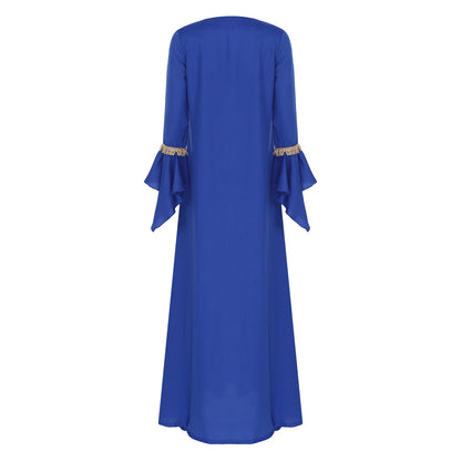 Elegant Womens Muslim Abaya Floor Length Robe V Neck Flared Sleeve Dress Halloween Witch Masquerade Gown Role Play Theme Party