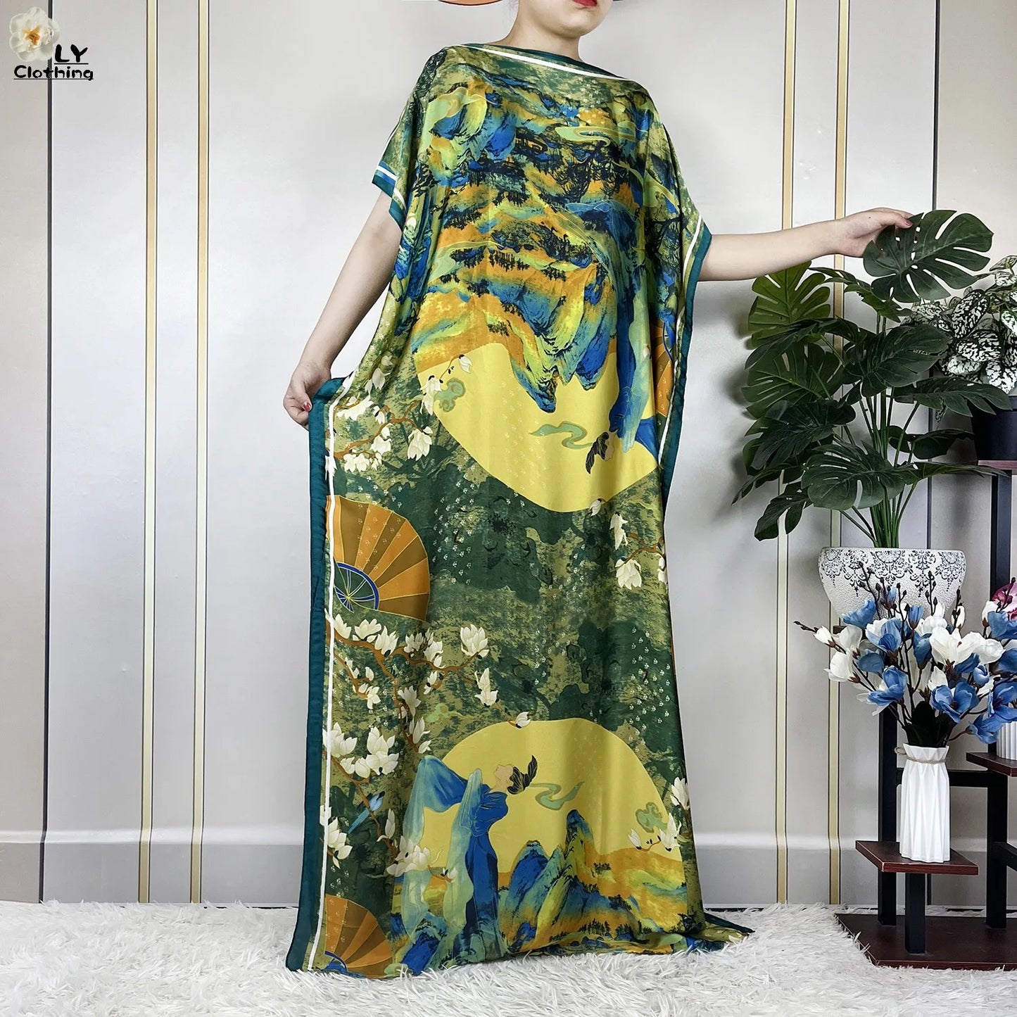 Muslim Abayas For Women 2023 New Fashion Printed Silk Soft Loose Femme Elegant Robe African Maxi Party Dresses With Belt Turban