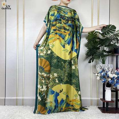 Muslim Abayas For Women 2023 New Fashion Printed Silk Soft Loose Femme Elegant Robe African Maxi Party Dresses With Belt Turban