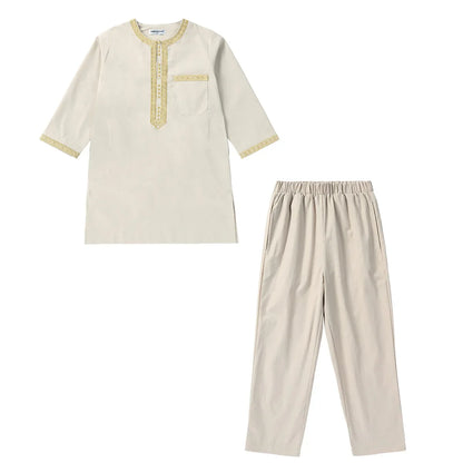 Muslim Children Robe 2 Pieces Set Kids Boy Round Neck Long Sleeve Printed Dress Shirt Abaya Kaftan Jubba Thobe Islamic Clothing