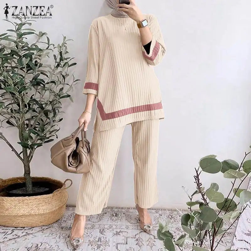 2024 ZANZEA Women Vintage Muslim Sets 2PCS Summer Islamic Clothing Eid Mubarek Ramadan Outifits Patchwork Blouse Trousers Suits