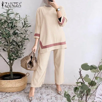 2024 ZANZEA Women Vintage Muslim Sets 2PCS Summer Islamic Clothing Eid Mubarek Ramadan Outifits Patchwork Blouse Trousers Suits