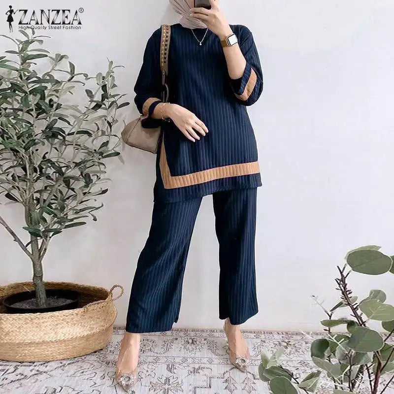 2024 ZANZEA Women Vintage Muslim Sets 2PCS Summer Islamic Clothing Eid Mubarek Ramadan Outifits Patchwork Blouse Trousers Suits