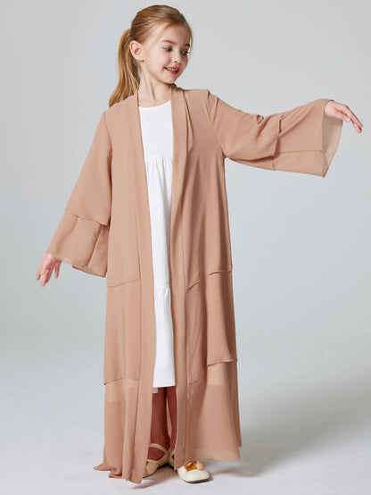Ramadan Kebaya Muslim Girls Abaya 3 Layered Chiffon Kids Abaya Dress Open Front   Outerwear (Without Hijab)