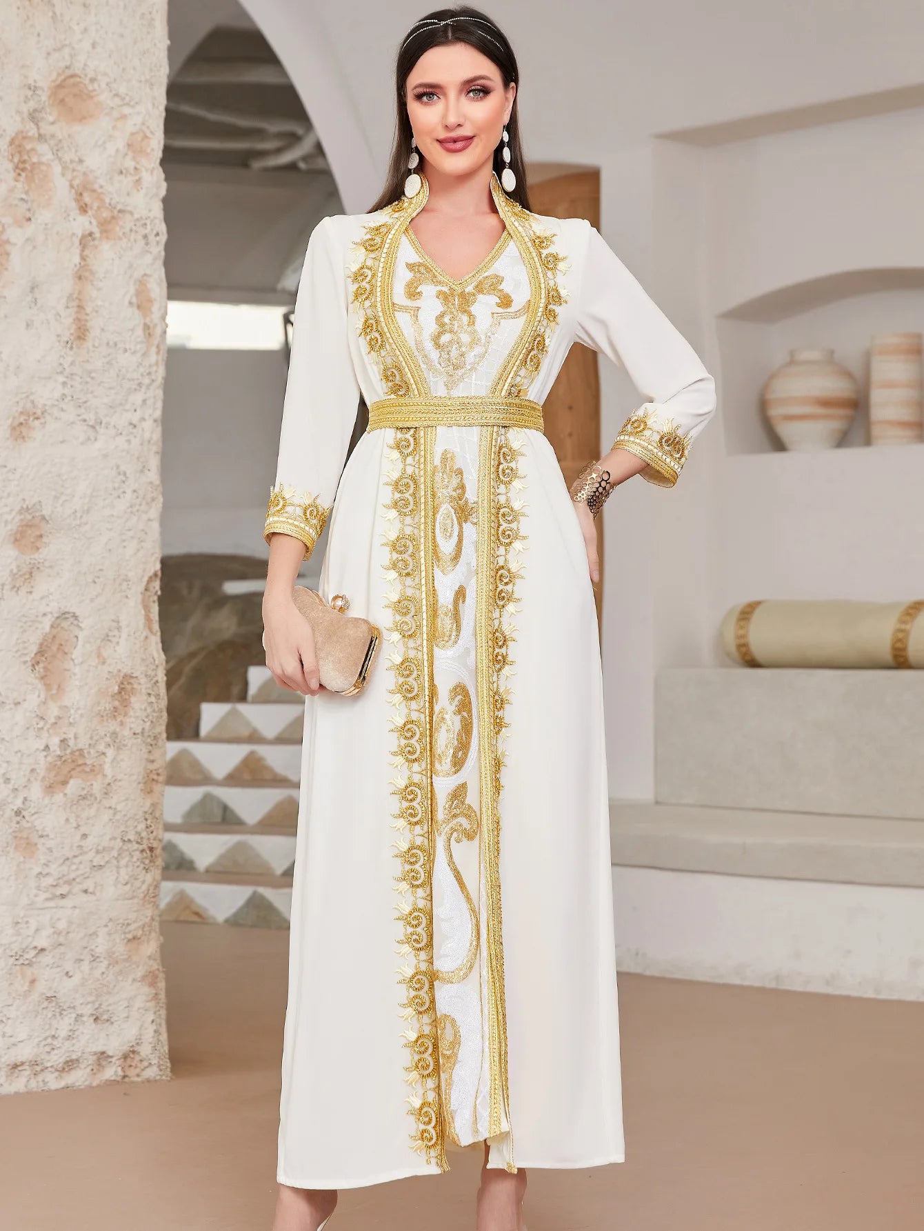 Abaya Muslim Maxi Long Sleeve Dress With Cap Women Diamond Arab Dubai Islamic Clothing Autumn New Loose Casual Turkey Robe