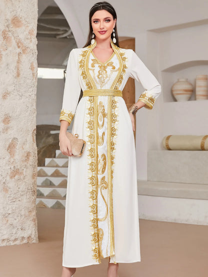 Abaya Muslim Maxi Long Sleeve Dress With Cap Women Diamond Arab Dubai Islamic Clothing Autumn New Loose Casual Turkey Robe