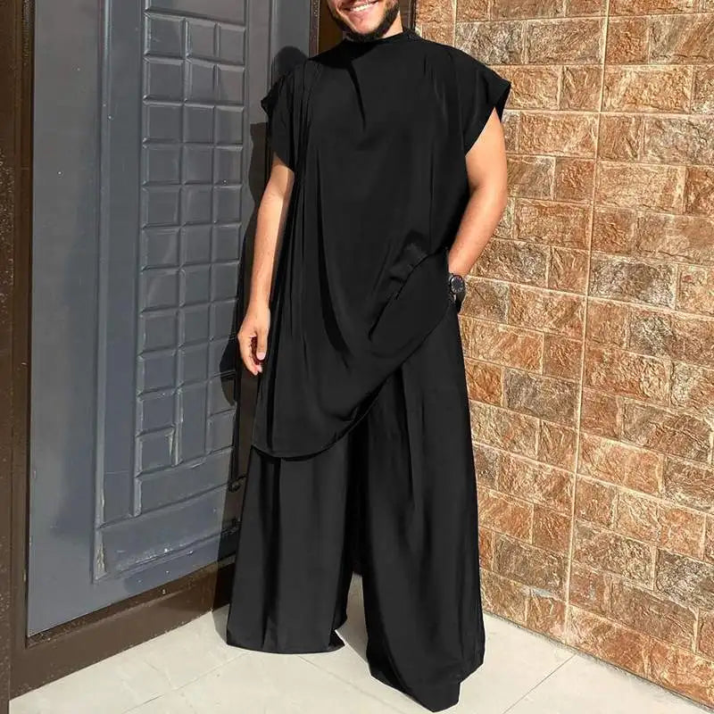 INCERUN Men Sets Muslim Clothing 2023 O-neck Short Sleeve T Shirt & Wide Leg Pants Two Pieces Solid Baggy Men Casual Suits 7