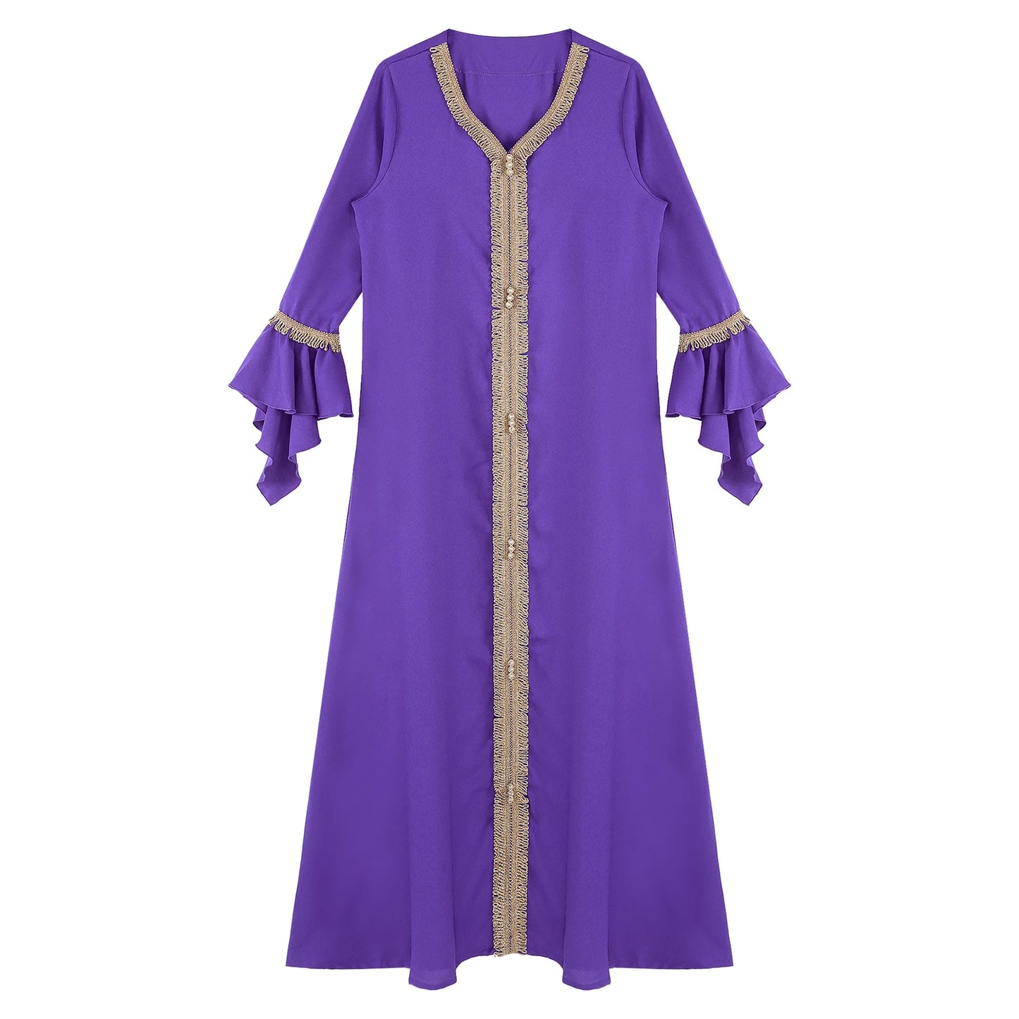 Elegant Womens Muslim Abaya Floor Length Robe V Neck Flared Sleeve Dress Halloween Witch Masquerade Gown Role Play Theme Party
