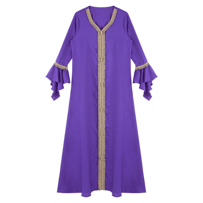 Elegant Womens Muslim Abaya Floor Length Robe V Neck Flared Sleeve Dress Halloween Witch Masquerade Gown Role Play Theme Party