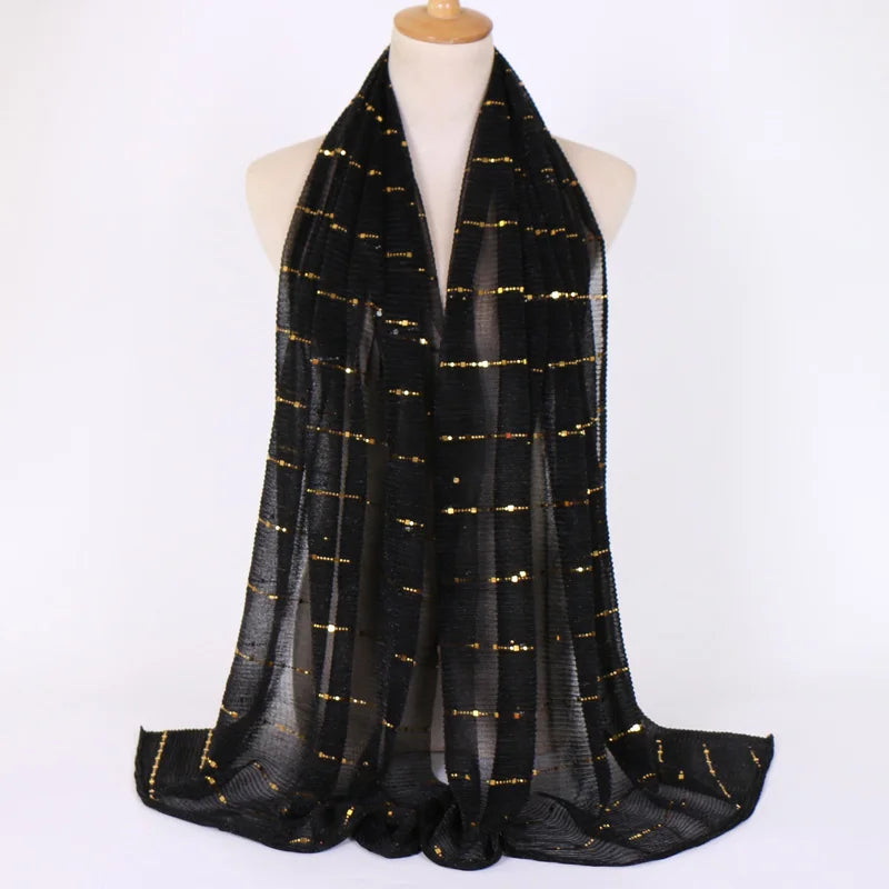 Glitter Women Gold Silk With Pearls Muslim Hijab Shawls And Wraps Islamic Turban Female Foulard Soft Thin Hijabs Head Scarf