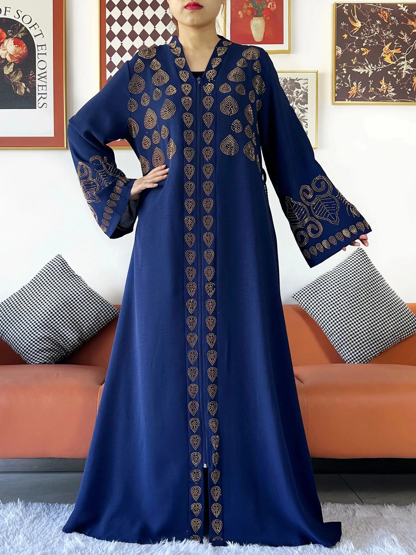 2024 Women Party Dress Chiffon Open Abaya Golden Stones Muslim Women Dress Islamic Clothing Cardigan Abaya Women Muslim Dress