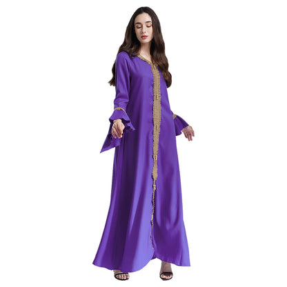 Elegant Womens Muslim Abaya Floor Length Robe V Neck Flared Sleeve Dress Halloween Witch Masquerade Gown Role Play Theme Party