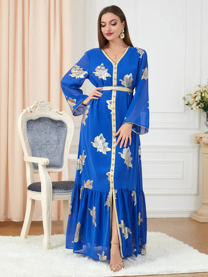 Party Dresses Muslim Abaya Women Dubai 2024 Iron Long Sleeve V-Neck Button Maxi Long Dress Tape Belted Kaftan Split Hem Vestidos