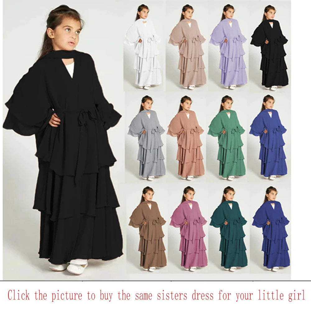 Summer Modest Kaftan Hijab Dresses For Women Kids Open Chiffon Khimar Kimono Abaya Dubai Luxury Muslim Sets Islam Kebaya Damen