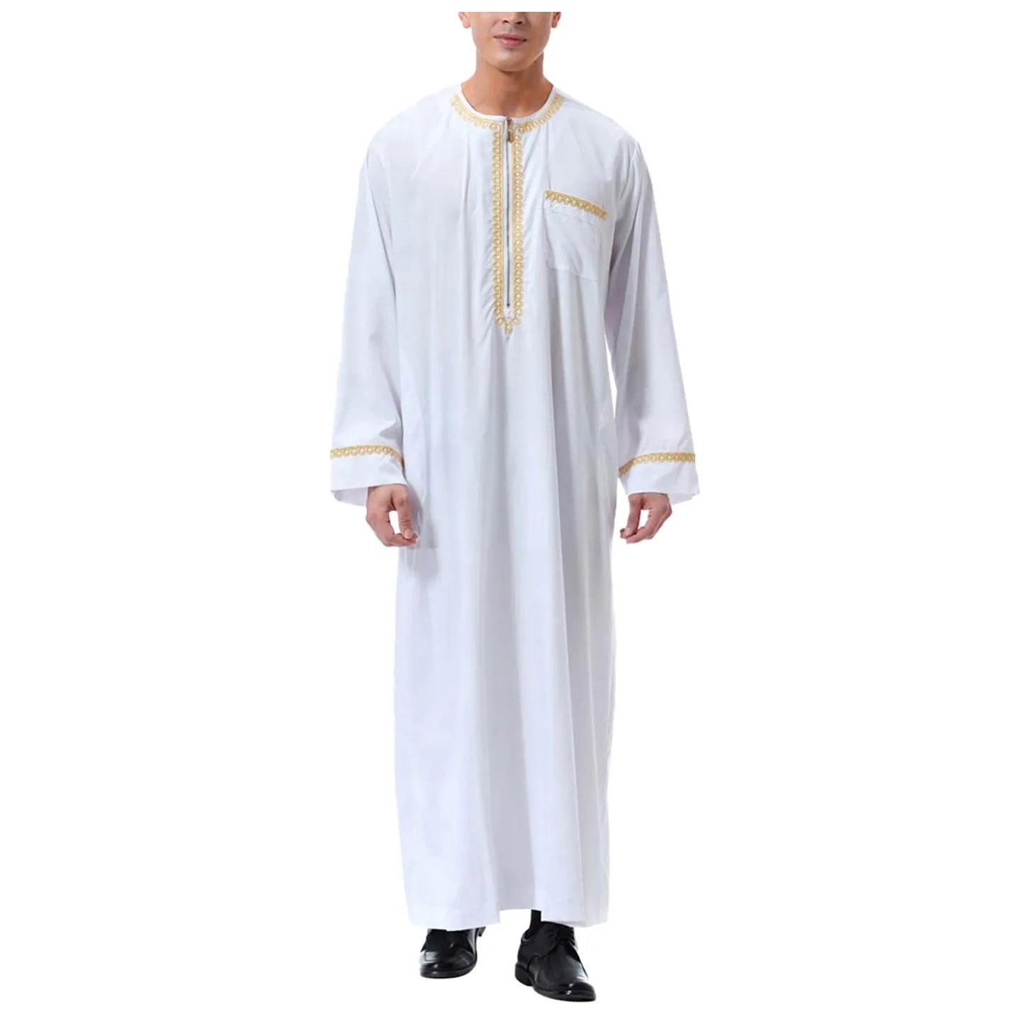 Mens Muslim Robe Arab Middle Robe Long Sleeve Embroidered Pocket Long Abaya Shirt Prayer Muslim Men Clothing