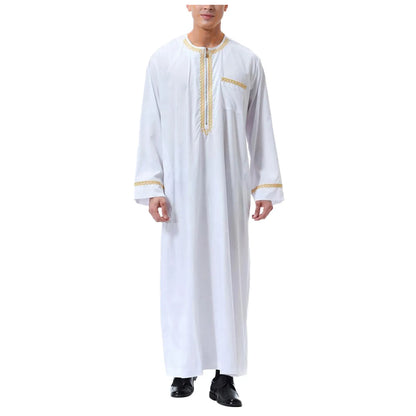 Mens Muslim Robe Arab Middle Robe Long Sleeve Embroidered Pocket Long Abaya Shirt Prayer Muslim Men Clothing