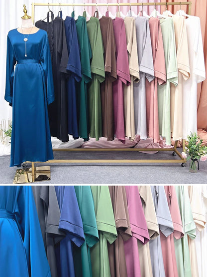 Plain Satin Abaya Dress for Muslim Women, Side Pockets Wide Sleeves, Dubai Turkish Hijabi Islamic Clothing, Modest Robe, Ramadan