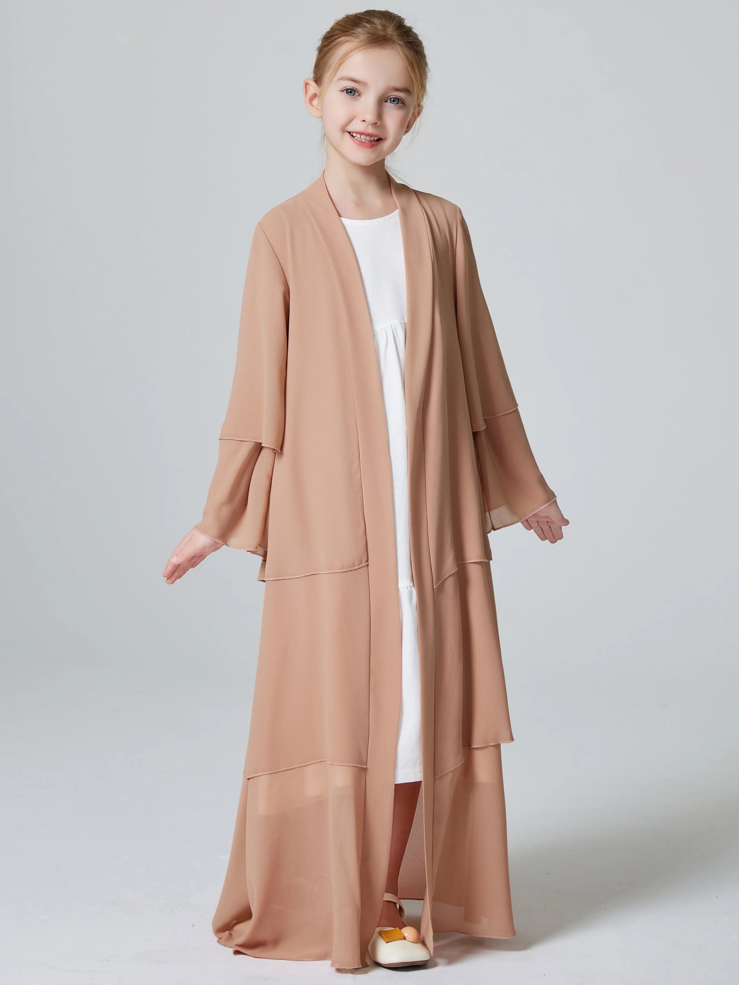 Ramadan Kebaya Muslim Girls Abaya 3 Layered Chiffon Kids Abaya Dress Open Front   Outerwear (Without Hijab)
