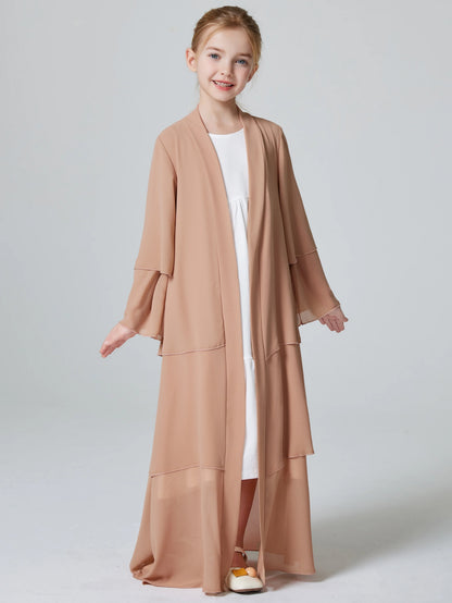 Ramadan Kebaya Muslim Girls Abaya 3 Layered Chiffon Kids Abaya Dress Open Front   Outerwear (Without Hijab)