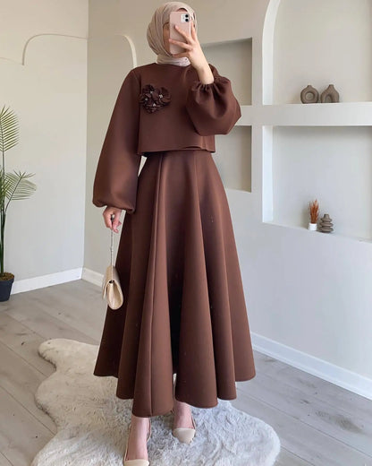 2  Piece Muslim Sets Women Middle East Dubai Flower Lantern Sleeve Tops Skirts Set Dress Kimono Kaftan 2pc Ramadan Islam Clothes