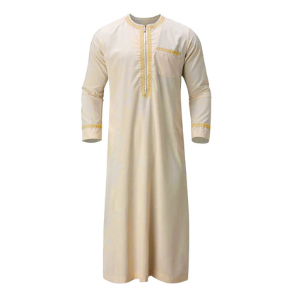 Mens Muslim Robe Arab Middle Robe Long Sleeve Embroidered Pocket Long Abaya Shirt Prayer Muslim Men Clothing