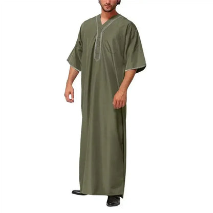 New 2025 Men Islamic Arabic Kaftan Vintage Solid Short Sleeve Loose Retro Robes Abaya Dubai Middle East Muslim Clothing S-5XL