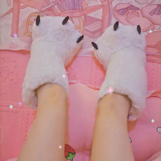 Cute Cartoon Bear Paw Plush Cotton Shoes With High Top And Anti-slip Heel